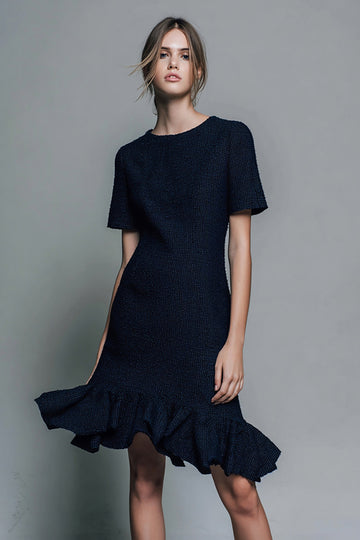 Black Round-Neck Work Dress With Ruffles